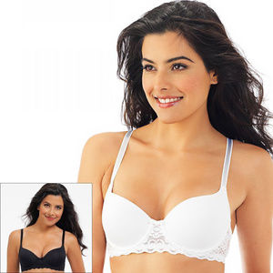 Size 36D Set of 2 Lacy Push-Up Bras in White & Black Lily of France 2179541 NEW